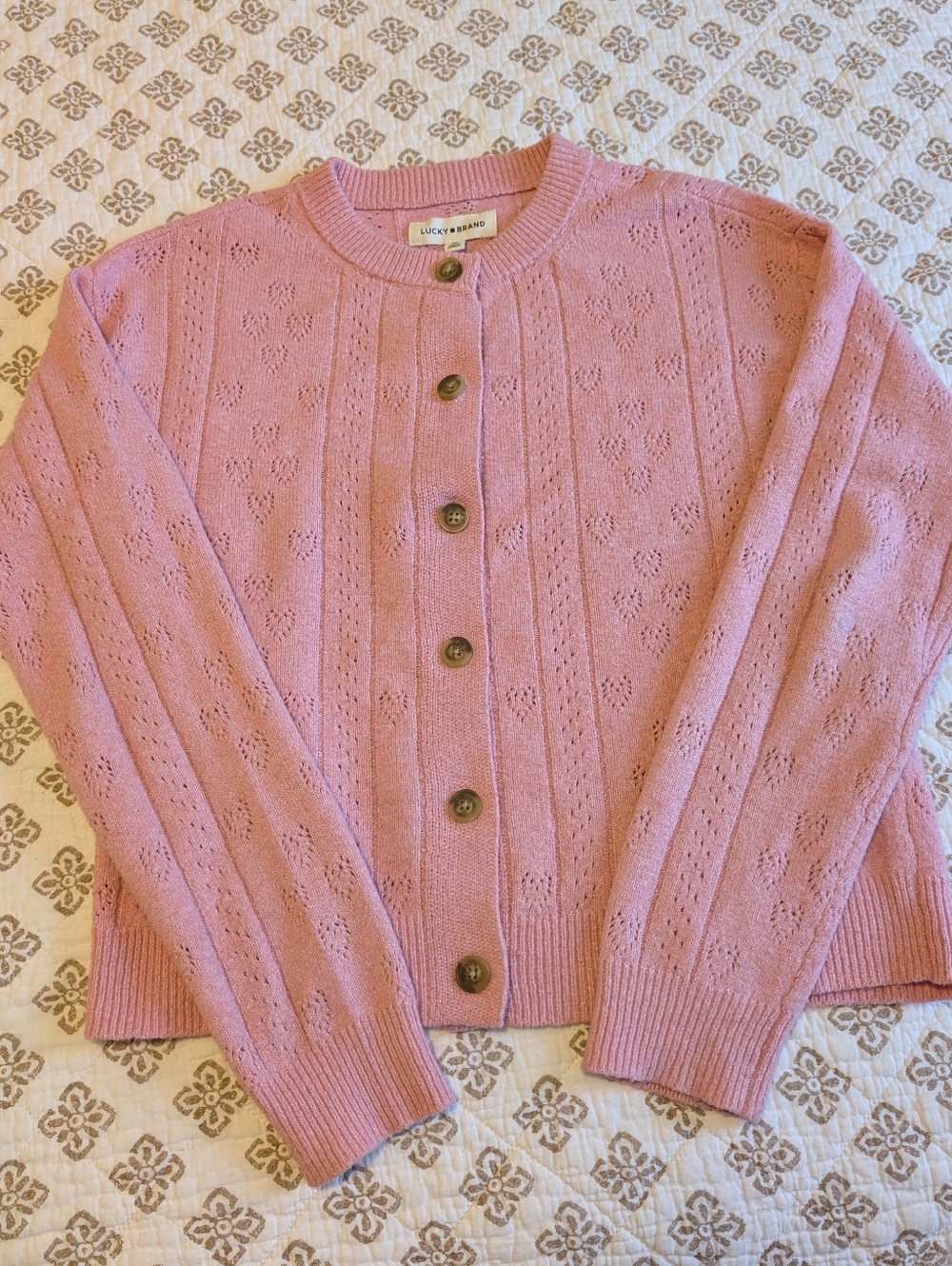 Lucky Brand Classic Pink Pointelle Knit Button-Front Cardigan